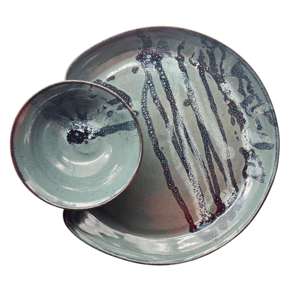 Vintage Studio Art Pottery Bowl Serving Platter Plate Rustic Earth Tone Drip Gla